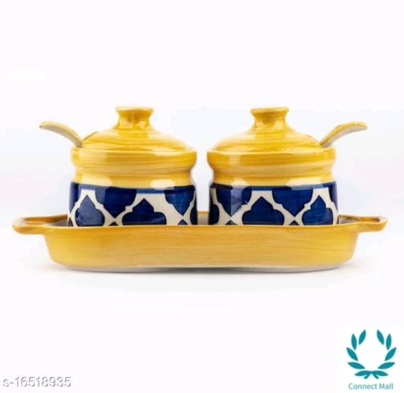 Pickle Jar| Achar Barni with Lid Spoon and Tray - Yellow